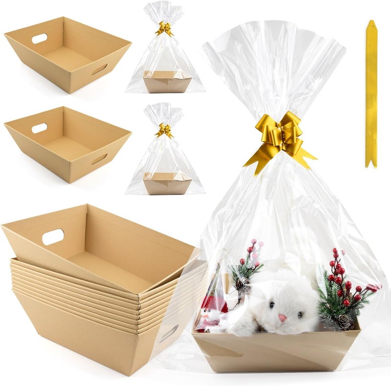 AKOBEARLA 10PACK Empty Gift Basket Set, 11.8x9.8” Thick Kraft Market Tray Gift Basket with 10 Bows 10 Bags Empty Gift Baskets for Christmas Thanksgiving Valentine Easter Wedding Birthday Party Gift Wrapping (Kraft) - Image 1